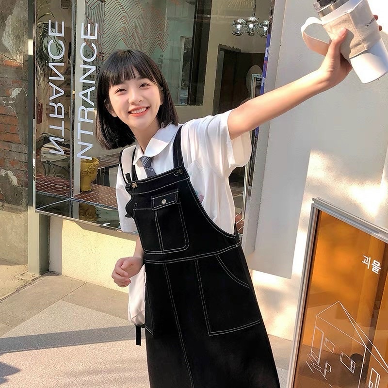 Yếm Váy Kaki Chỉ Nổi Kiểu Dáng Hàn Quốc Ulzzang 2 Dây Dáng Rộng Phong Cách Trẻ Trung Đi Chơi Đi Học
