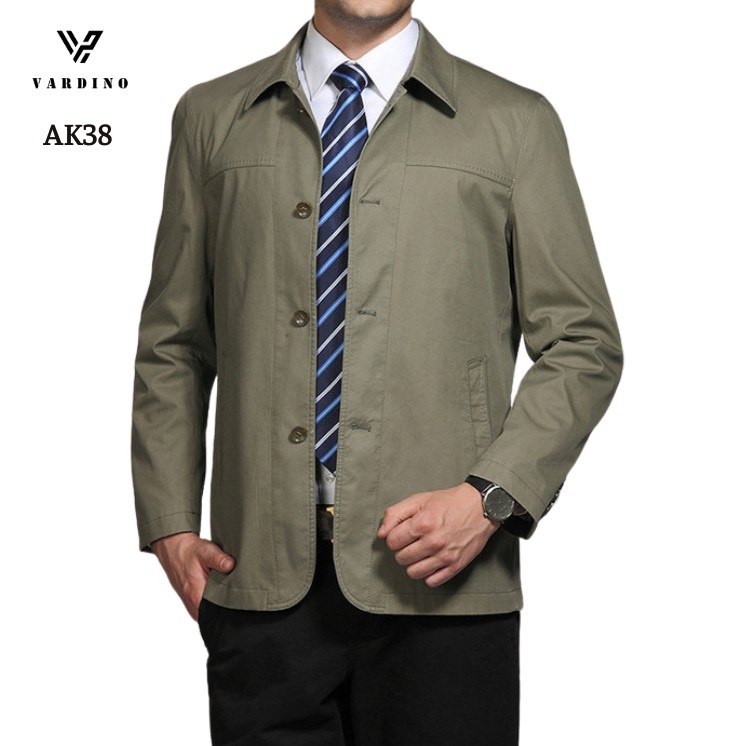 Áo khoác nam cao cấp VARDINO cổ bẻ đức dáng ôm, suông vừa đóng cúc màu xanh bộ đội trung niên chính hãng ak38
