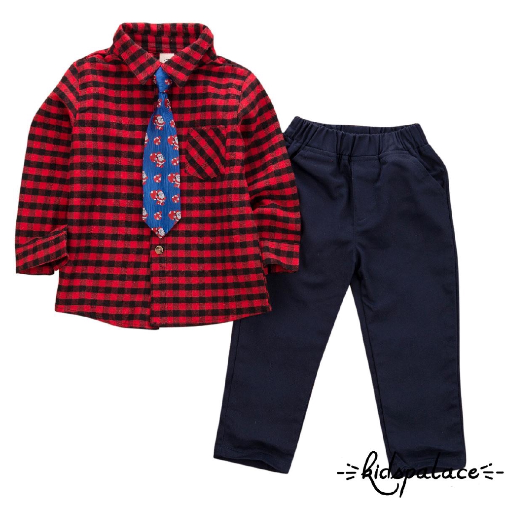 ➤♕❀❤2-9Y Newborn Baby Boy Christmas Clothes Sets Plaid T-shirt Tops+Tie +Long Pants Outfits Formal Set