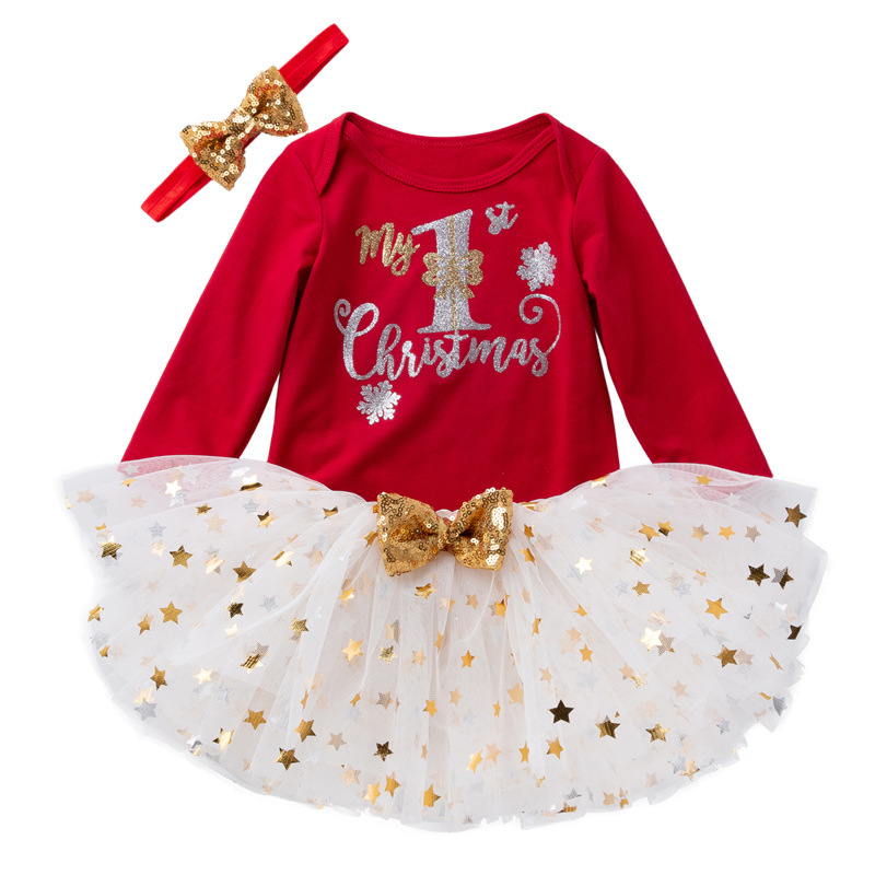 Set Đồ Hóa Trang Ông Già Noel Gồm Áo Liền Quần Tay Dài + Váy Tutu + Băng Cài Đầu Cho Bé Gái 0-2 Tuổi