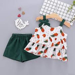 Set áo 2 dây họa tiết trái cây + quần ngắn dễ thương cho bé gái