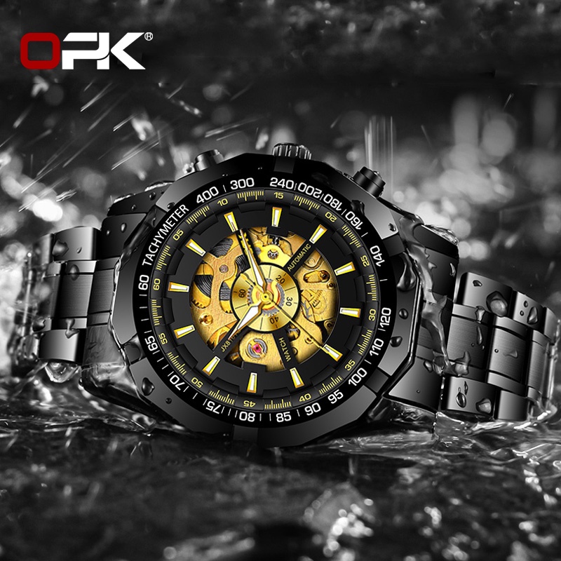 OPK 8660 Watch Men Genuine Automatic  Mechanical Waterproof Stainless Steel Strap Gold-plated Luminous Cool Unique