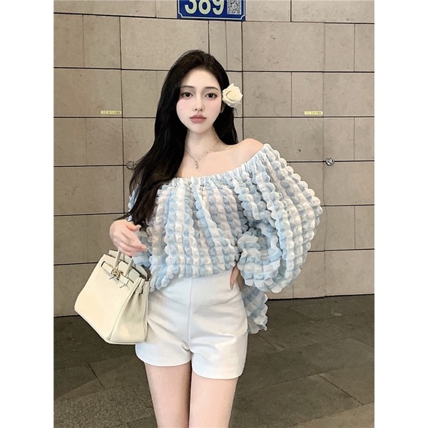 Áo nữ áo trễ vai tay dài sọc caro 2 màu xanh hồng giống mẫu mix đủ loại đều ok