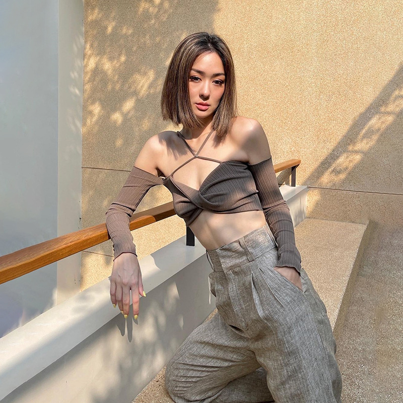  DUNEA Áo Croptop Trễ Vai Tay Dài Thiết Kế Hở Lưng Cá Tính Quyến Rũ