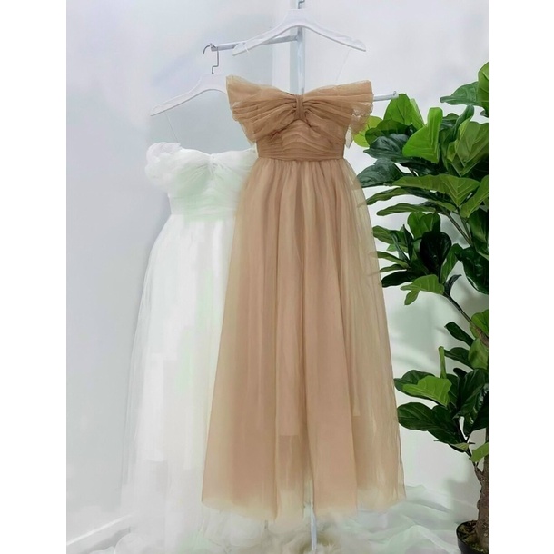 Đầm xoè công chúa trễ vai lưới kim sa