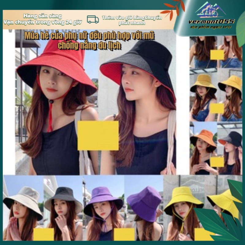 Có thể bán buôn Mũ chống nắng mùa hè đi bộ Polyester Câu cá với Dây gió rộng vành cho các hoạt động ngoài trời Vermont055 Hàng giao ngay