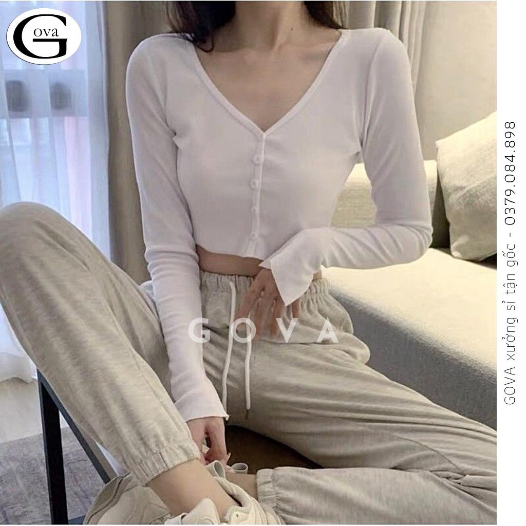 Áo Croptop CỔ TIM CÀI NÚT TAY DÀI Thun Gân Kiểu Sexy Nữ, Áo Thun Ôm Body Đẹp GOVA