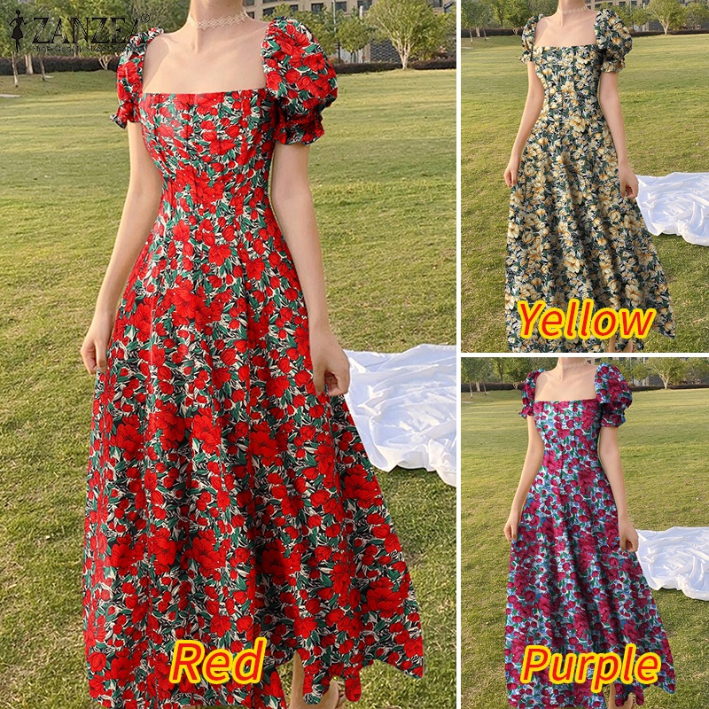Đầm maxi ZANZEA tay phồng cổ vuông có khóa kéo sau lưng phong cách Hàn Quốc thời trang cho nữ
