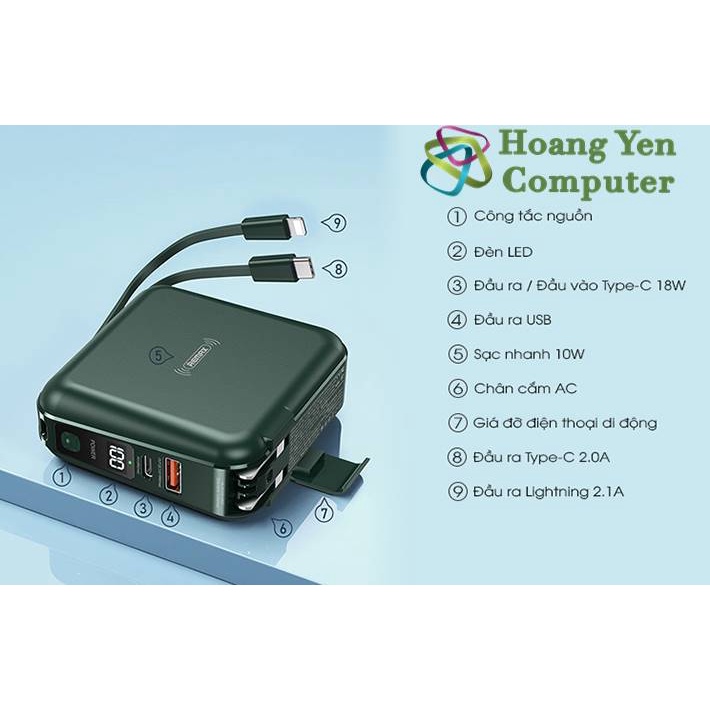 Sạc Dự Phòng Remax RPP-145 10000Mah (Sạc Nhanh QC3.0, PD18W), Tích Hợp Cáp Sạc, Nguồn AC Sạc Trực Tiếp - BH 1 Năm