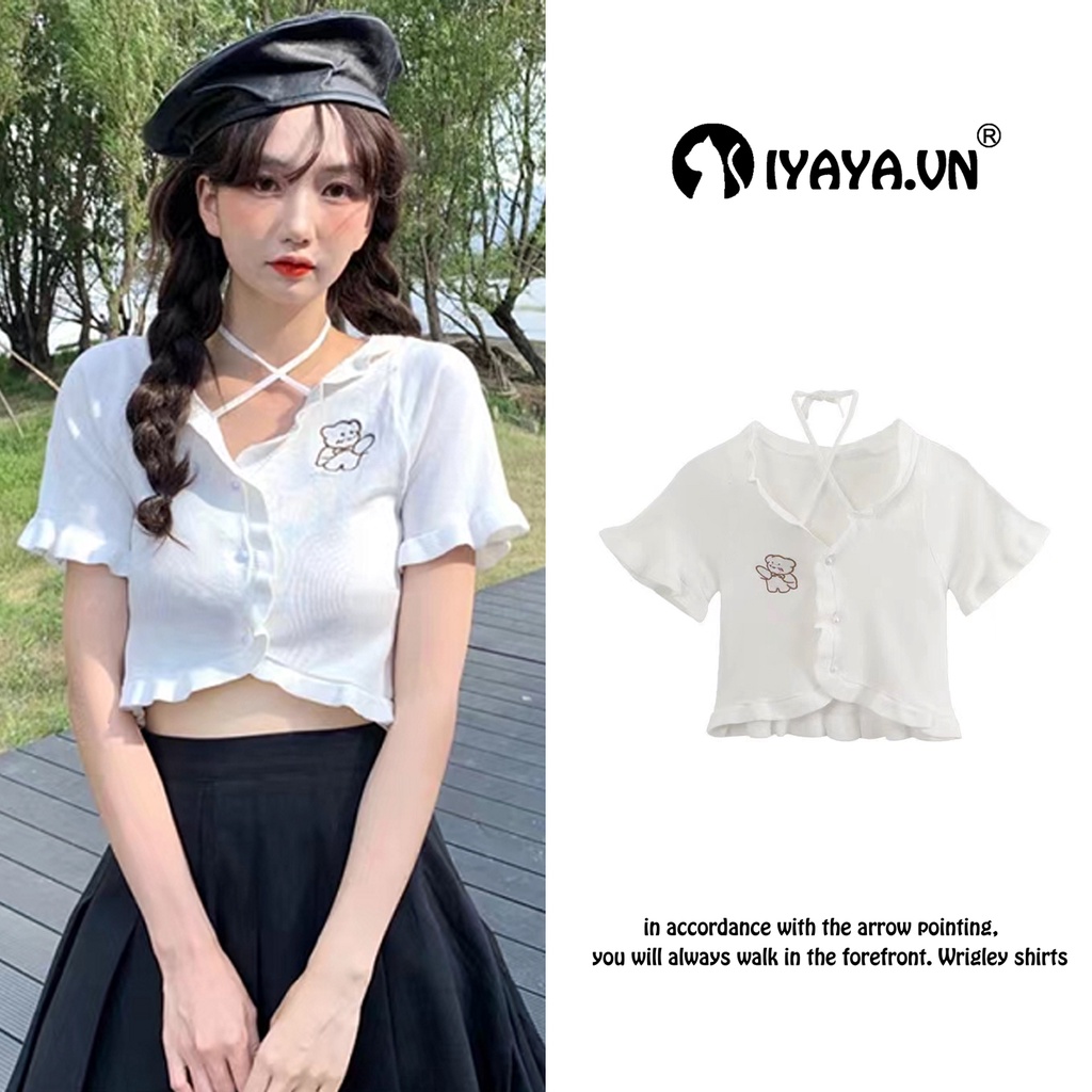 Áo croptop dệt kim thiết kế tay ngắn gợi cảm