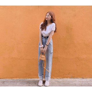 Quần jean dài ống rộng lưng cao - quần bò nữ culottes suông trơn basic 80