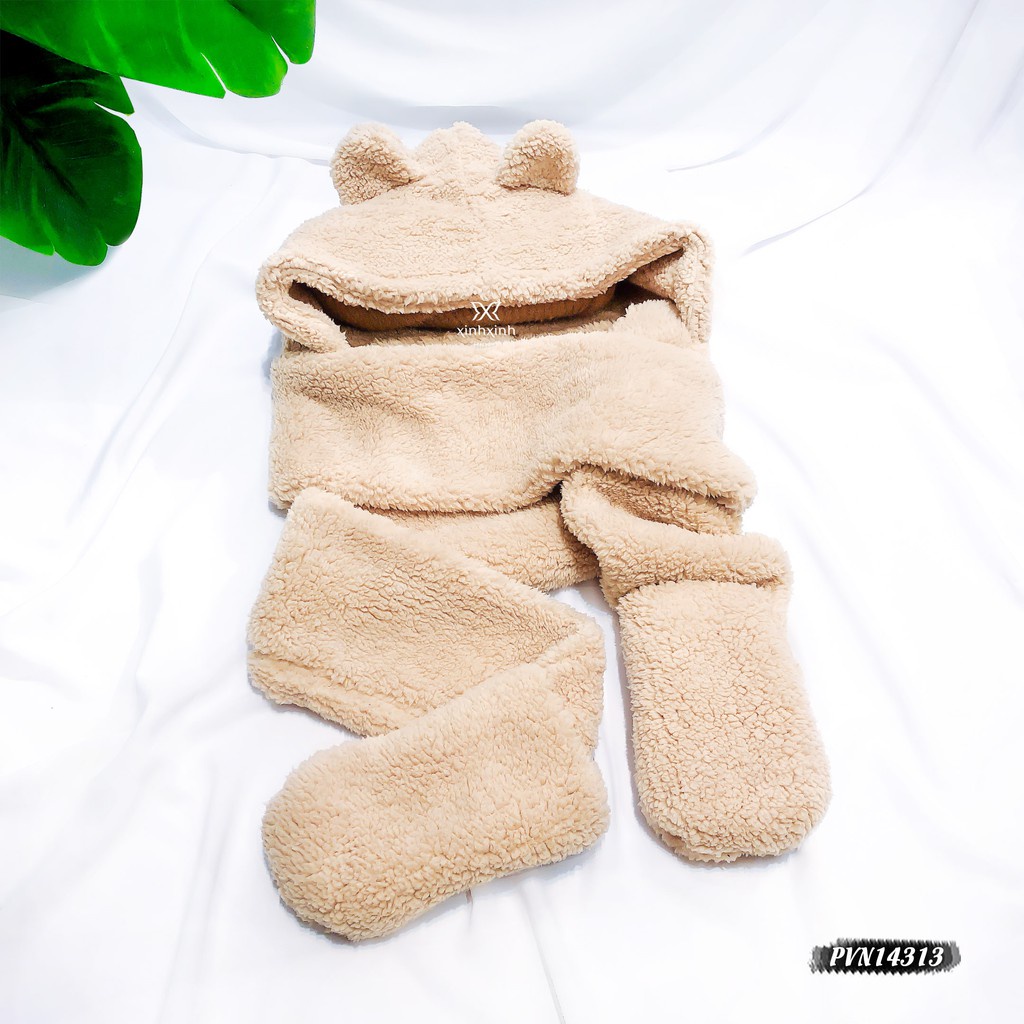 Mũ lông tai gấu kèm khăn có xỏ tay tiện dụng