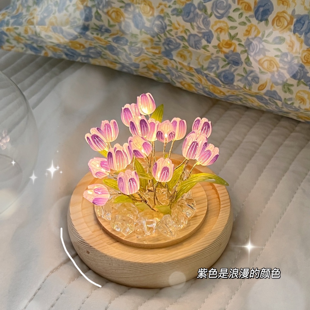 Đèn ngủ decor hoa tulip lồng kính có đèn LED nhiều màu sắc, đèn decor để bàn trang trí