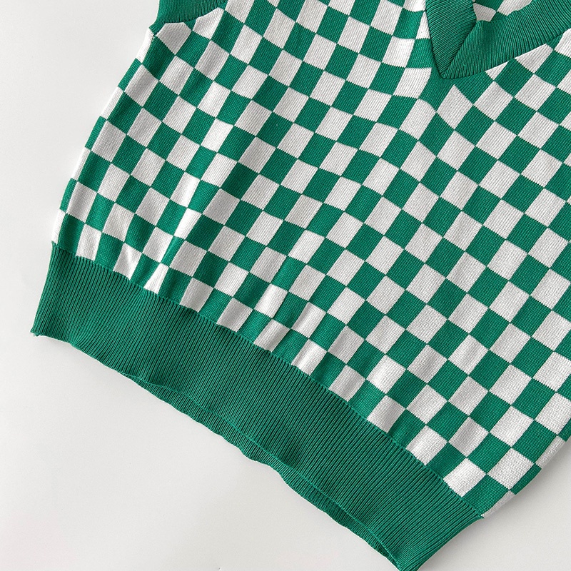 Áo len không tay cổ chữ v form rộng họa tiết sọc caro phong cách Hàn quốc