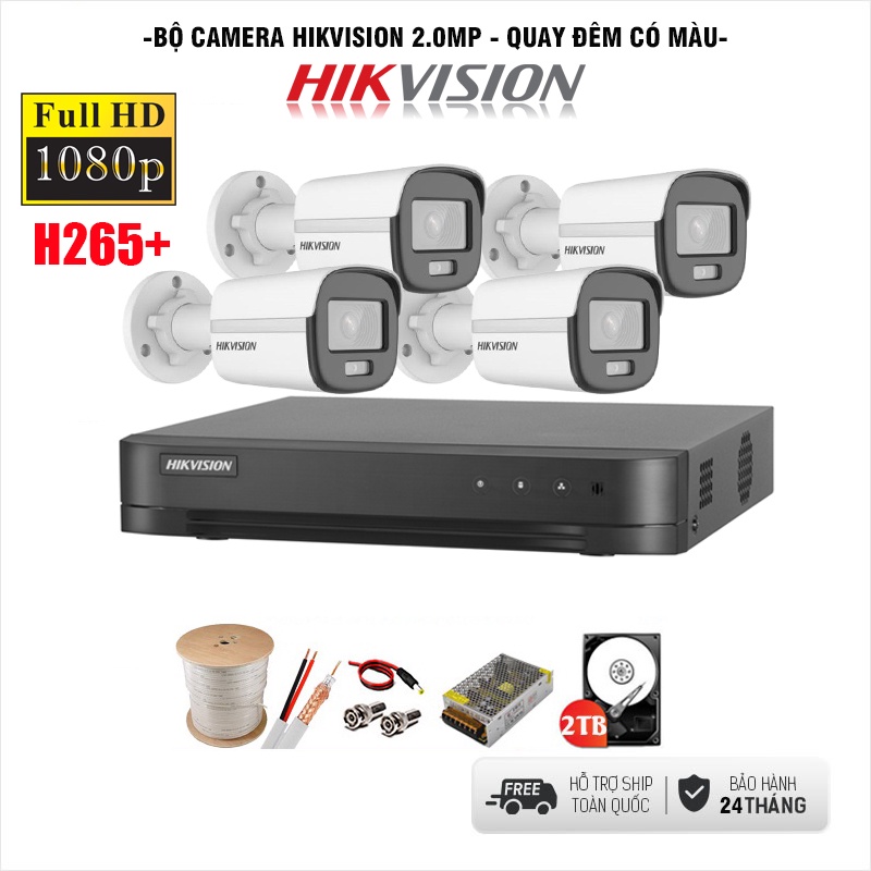 BỘ CAMERA GIÁM SÁT CÓ MÀU BAN ĐÊM HIKVISION 2.0MP -FHD 1080P, ĐỦ PHỤ KIỆN LẮP ĐẶT - BẢO HÀNH 2 NĂM