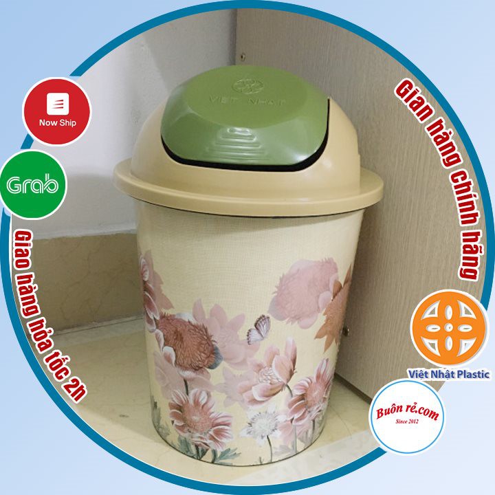 Thùng rác nắp lật tròn bé in hoa nhựa Việt Nhật, sọt rác văn phòng, nhà bếp, phòng tắm cao cấp bền đẹp (MS:5313)-br01259