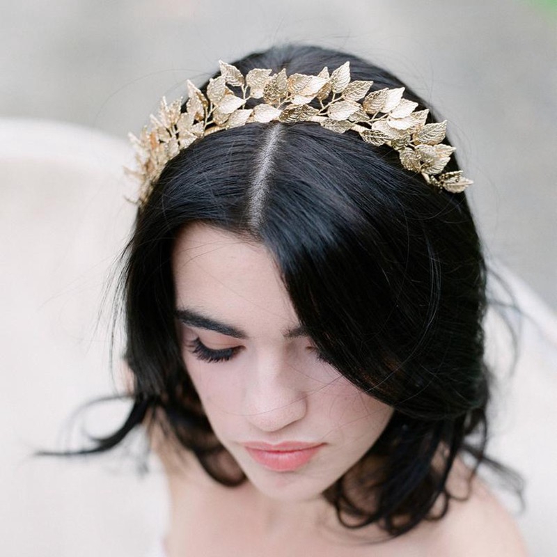 Vương Miện Cài Tóc Hình Lá Mạ Vàng Cho Cô Dâu