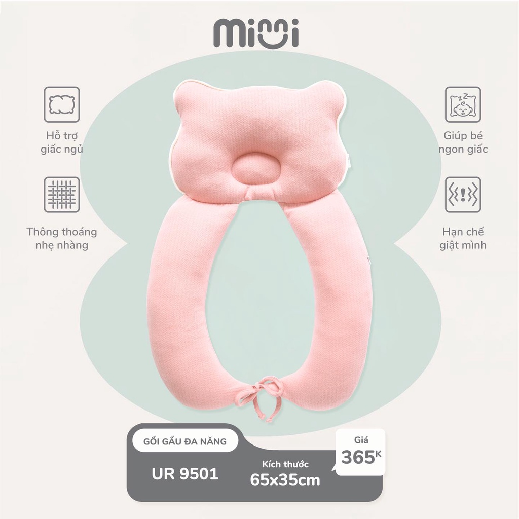 Bộ gối Minni Uala Rogo gấu đa năng 65x35cm cho bé sơ sinh cao cấp ruột gối sợi bông tự nhiên 100% cotton chống bẹp đầu