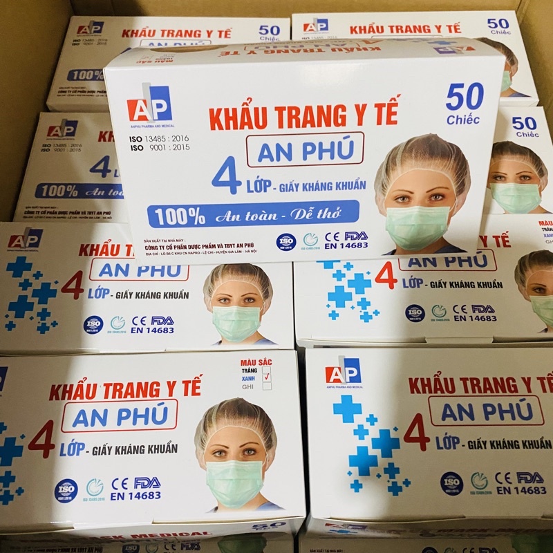 [CHÍNH HÃNG] KHẨU TRANG Y TẾ 4 lớp An Phú màu xanh. Lọc sạch vi rú, vi khuẩn, không thấm nước (Hộp 50 cái)