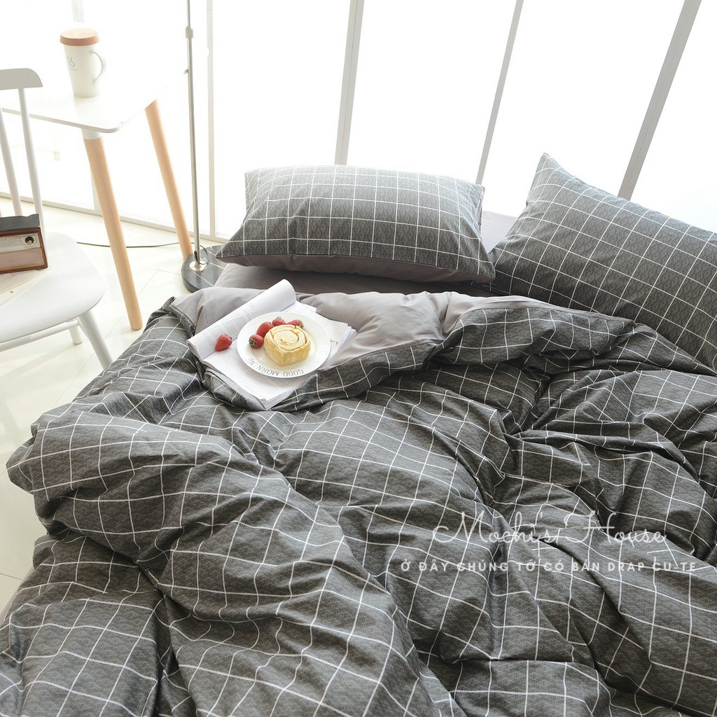 BỘ CHĂN GA GỐI COTON POLY CARO XÁM CỰC SANG, DRAP GIƯỜNG ĐẸP