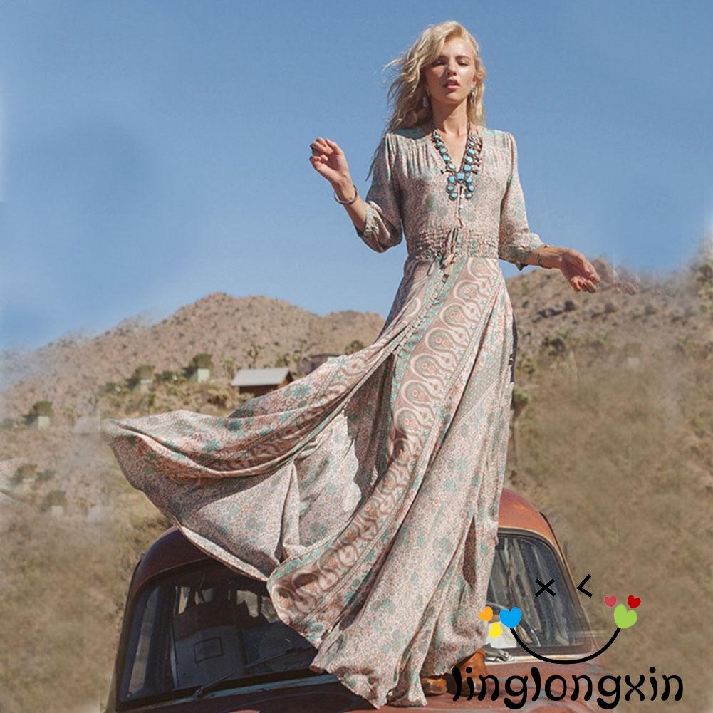 Đầm maxi chiffon cổ V xẻ tà phong cách boho gợi cảm | BigBuy360 - bigbuy360.vn