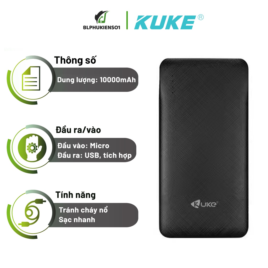 Sạc Dự Phòng 10.000mAh KUKE - K71 Cao Cấp, Dung Lượng Pin Khủng Cho 3 Thiết Bị Sạc Cùng Lúc