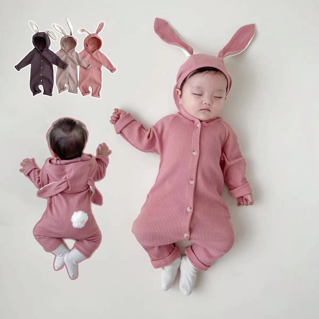 Áo Liền Quần Tay Dài In Hình Thỏ Dễ Thương Cho Bé Trai &amp; Gái Từ 0-2 Tuổi