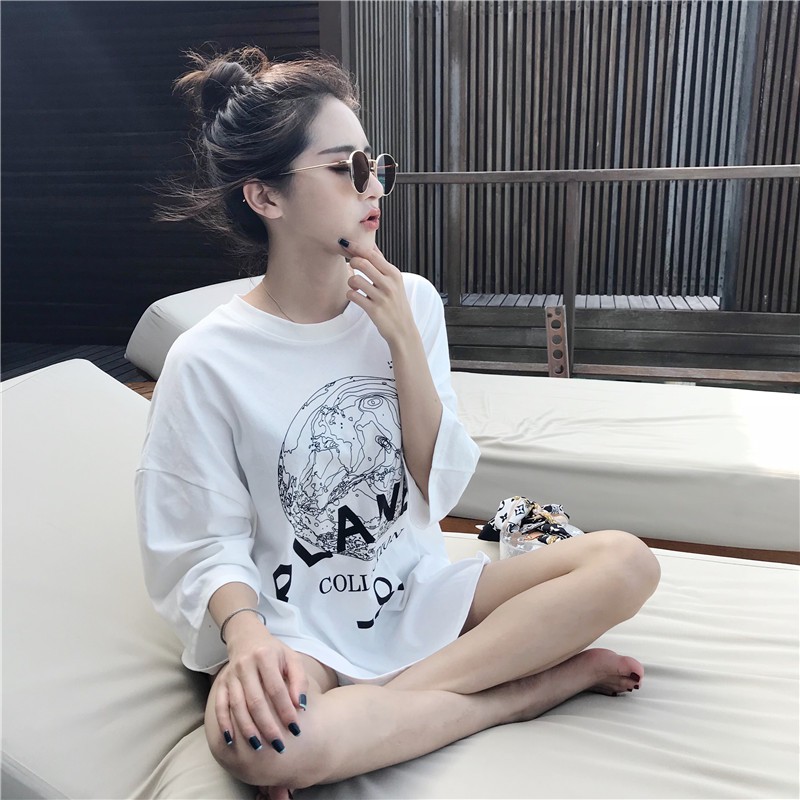 Áo Thun Cotton Tay Lỡ PLANET Trắng Kiểu Dáng Xì Tin