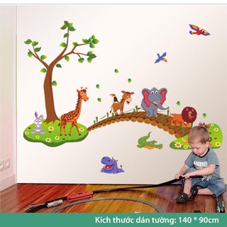Tranh dán tường cho bé trai, decal dán tường cho bé học (Thú Qua Cầu)