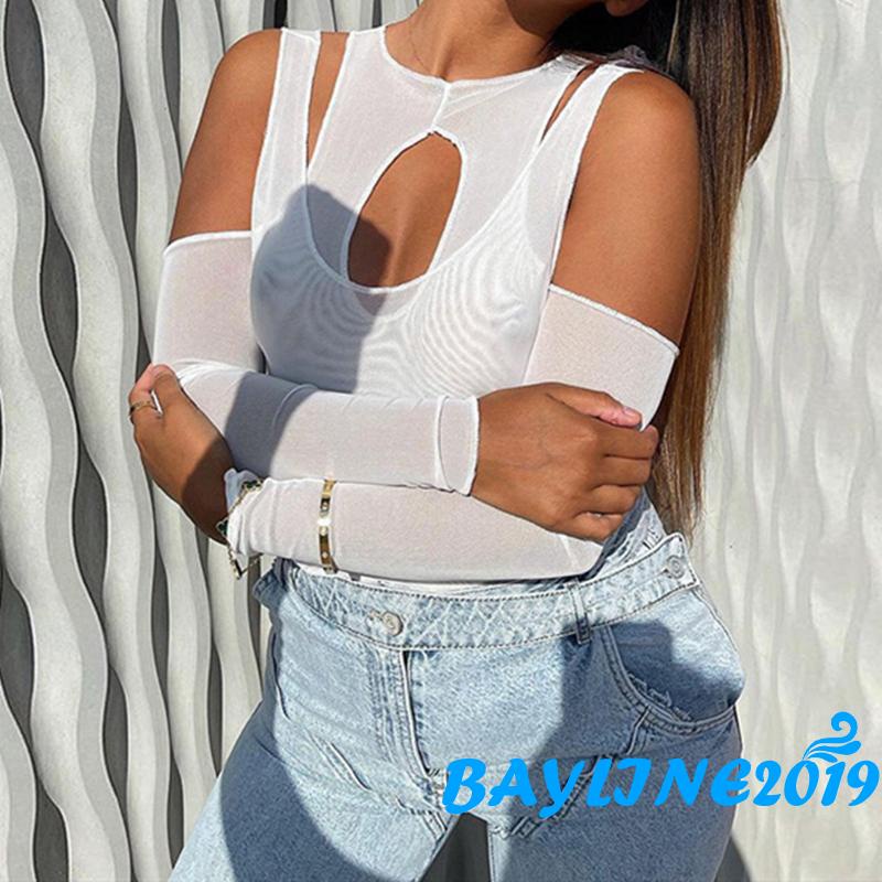 BAY-Women´s Long Sleeve Bodysuit, Pure Color Hollow Out Patchwork Round Neck Skinny Fit Playsuit, Casual Simple Romper | BigBuy360 - bigbuy360.vn