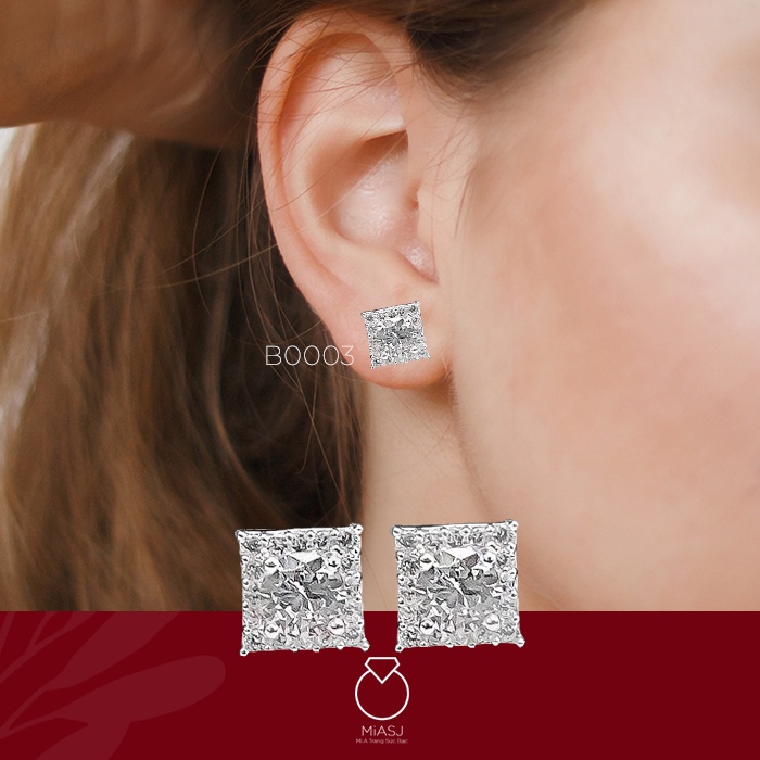 Bông tai nữ bạc Ý S925 MiASJ B0003 chốt vặn khuyên vuông kết đá CZ cao cấp