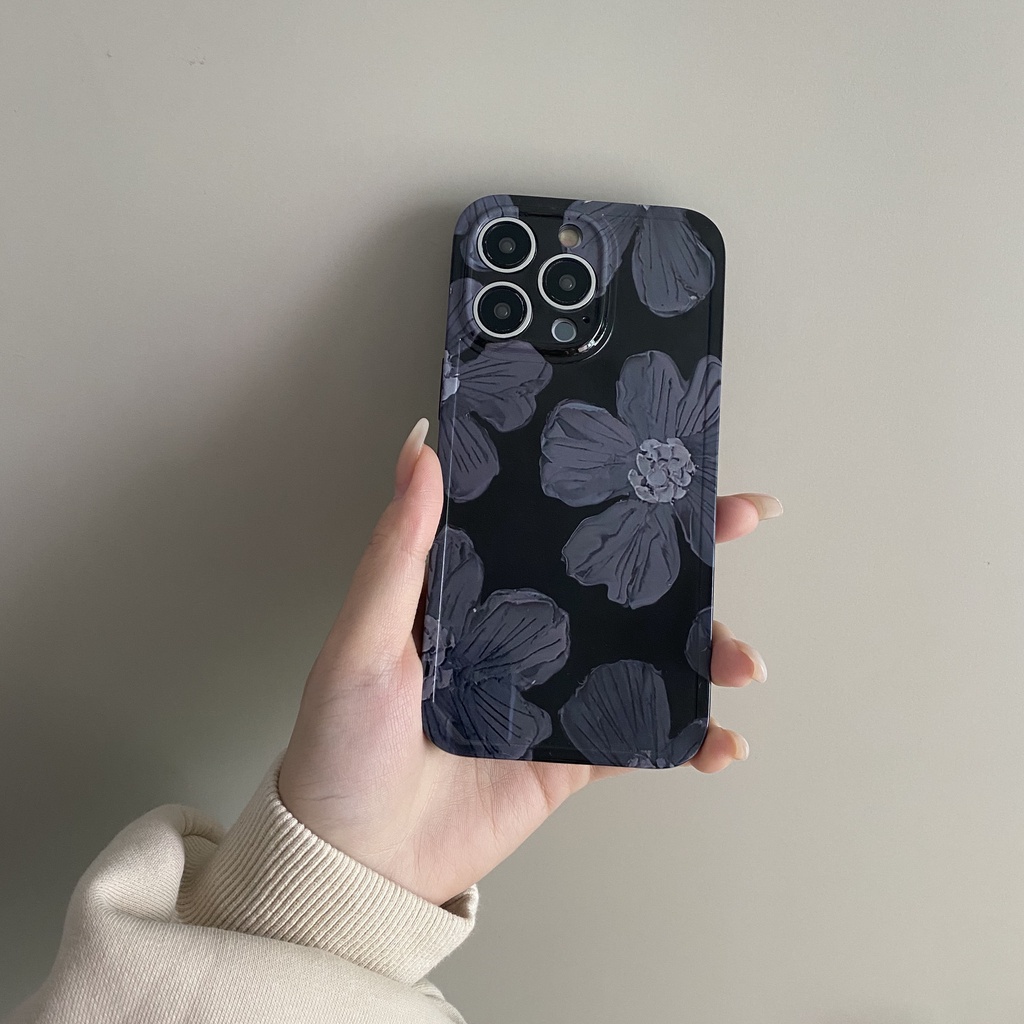 Ốp Điện Thoại Họa Tiết Hoa Màu Đen Thời Trang Chống Sốc Cho iPhone 14 / 13 / 12 / 11
