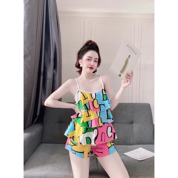 Đồ Bộ Nữ 2 dây , Đồ Lụa Mặc Nhà 3 Tầng , Set Bộ Sọc Chất Cao Cấp Họa Tiết Hoa Nhí Mềm Mịn, Xinh Xắn.