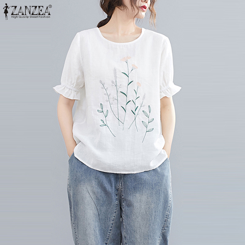 Áo kiểu ZANZEA vải cotton tay ngắn màu trơn thêu hoa phong cách học đường đơn giản thời trang nữ