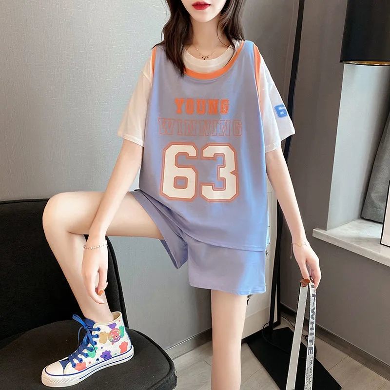 Bộ Áo Thun Tay Ngắn + Quần Short Dáng Rộng In Họa Tiết Phong Cách Phương Tây Thời Trang Mùa Hè Cho Nữ