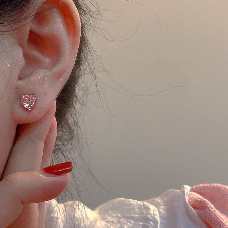 Đôi Bông Tai Nơ Trái Tim Đá Quý Màu Hồng Phong Cách Hàn Quốc Dành Cho Nữ