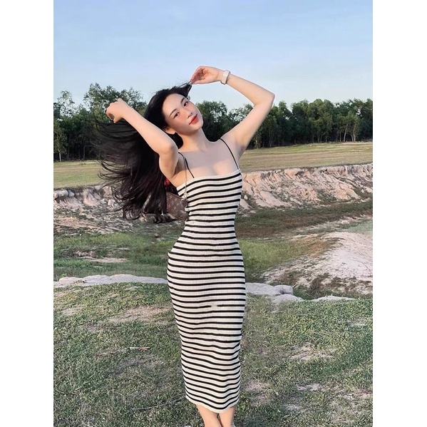 ĐẦM BODY HAI DÂY KẺ SỌC CHẤT GÂN CO GIÃN