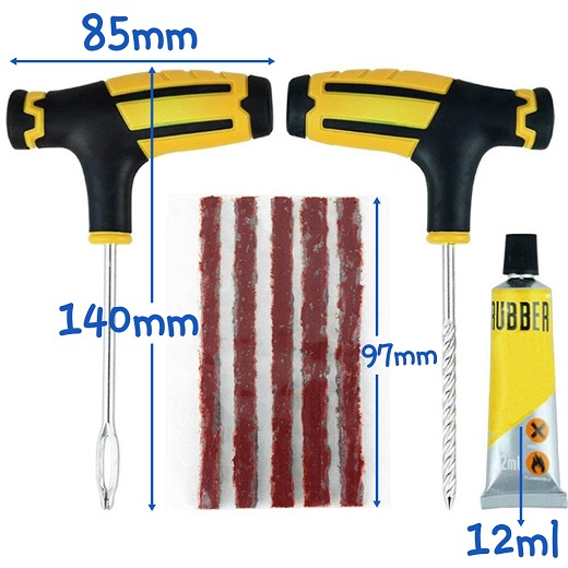 Bộ Dụng Cụ Tự Vá Vỏ Xe Không Ruột 8 Món Mẫu Mới Gồm 2 Cây Dùi + 5 Sợi Cao Su + 1 Chai Keo 12ml