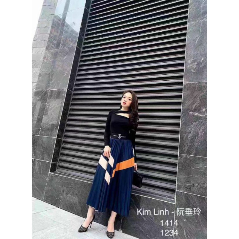 Chân váy dập li xòe dáng dài hàng QC