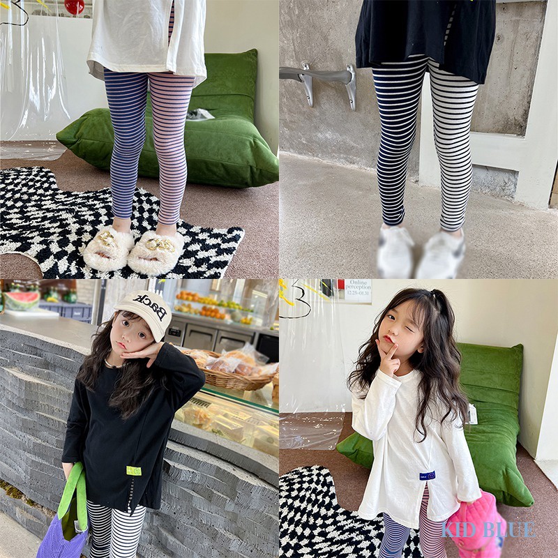 Quần Legging Co Giãn Cổ Tròn Tay Dài Họa Tiết Kẻ Sọc Thời Trang Hàn Quốc Cho Bé Gái