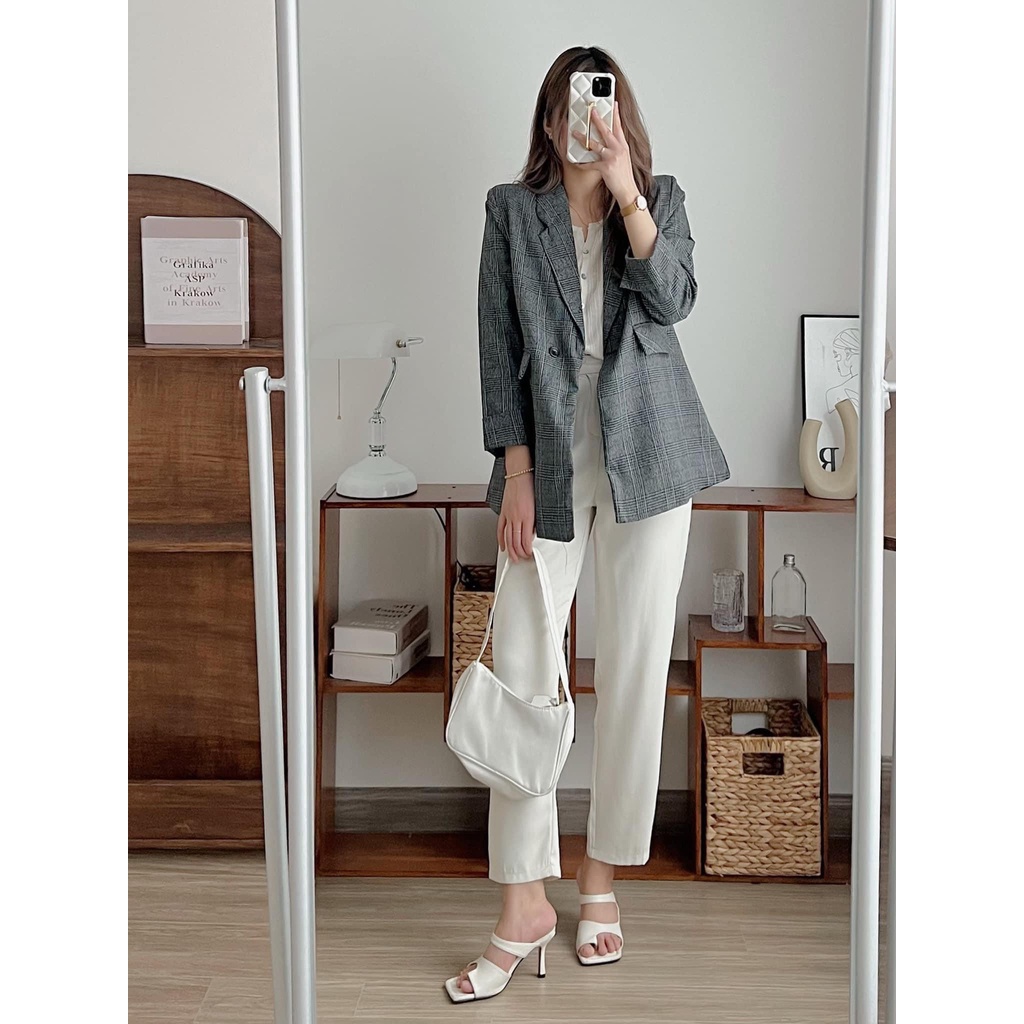 [SẴN/VIDEO] BLAZER KẺ XÁM FORM RỘNG HÀN QUỐC