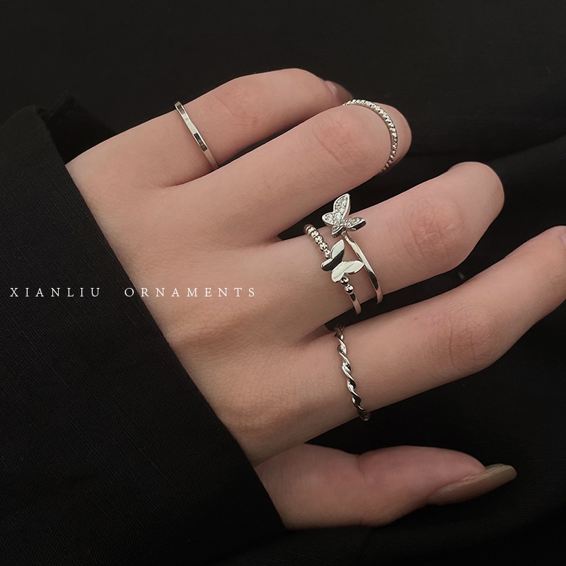 Set 4 nhẫn nữ AY hình bướm đính đá nhiều kiểu dáng thời trang