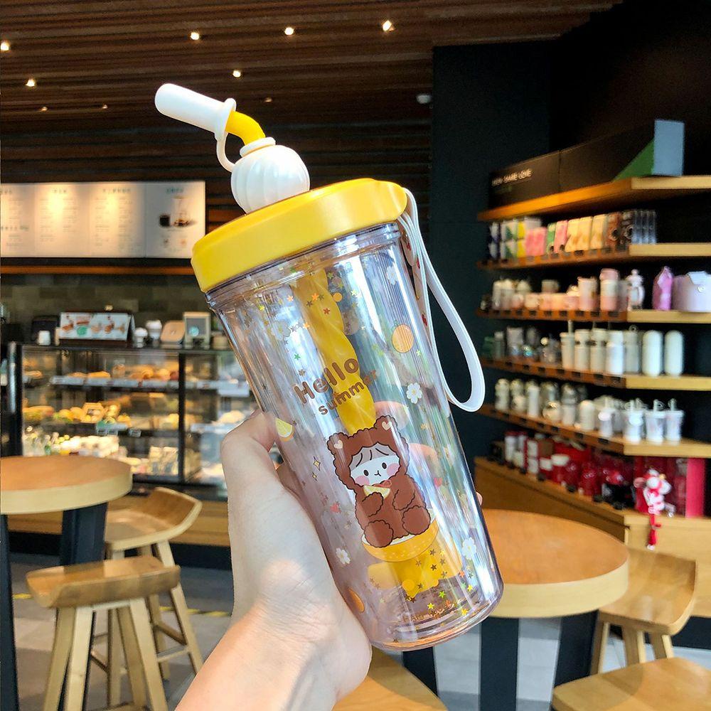 KUNHEV Cốc Nhựa Uống Nước Chống Bụi Có Ống Hút In Hoa Mẫu Đơn Dễ Thương Sáng Tạo