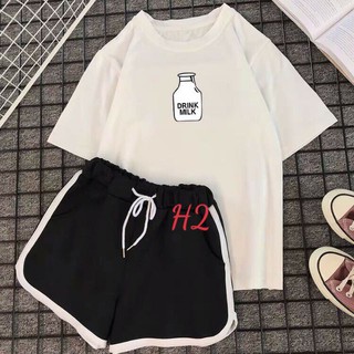 Sét Bộ Đồ Nữ Mặc Ngủ, Mặc Ở Nhà Ngắn Mùa Hè, Áo Phông Cotton Mát Mịn In Lọ Sữa Kèm Quần Đùi Viền Thun Cát