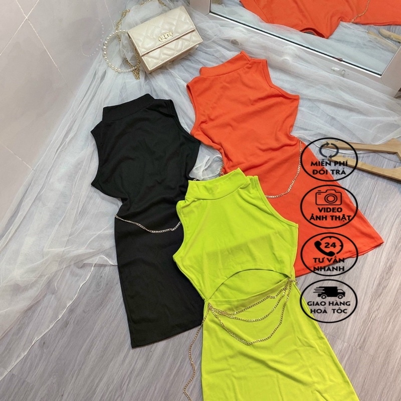 Đầm ba lỗ phối xích ôm body khoét eo chất thun borip dày mịn đẹp