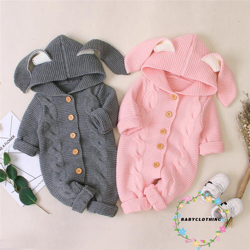 Bộ áo liền quần dệt kim giữ ấm thời trang thu đông với thiết kế tai thỏ dễ thương cho bé