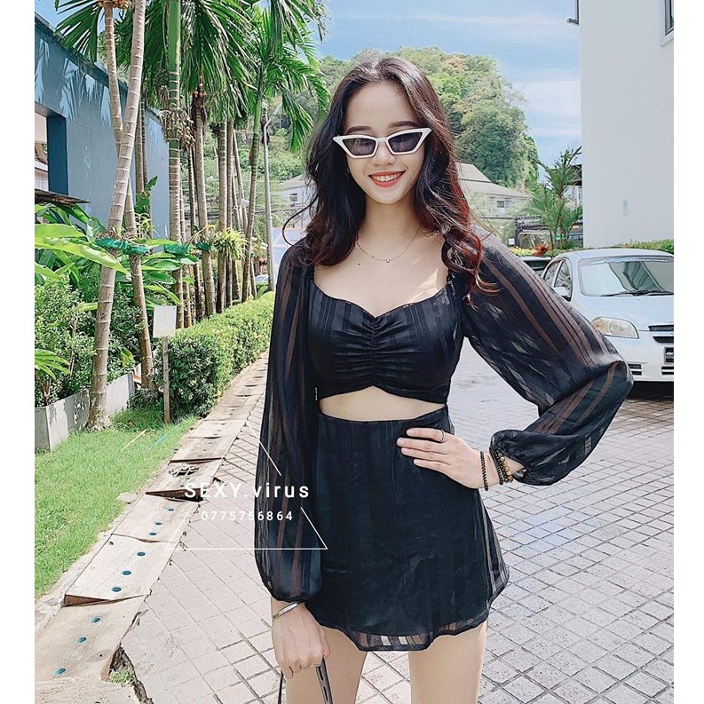 Đầm mini A tay phồng - trễ vai