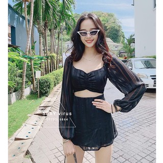 Đầm mini A tay phồng - trễ vai