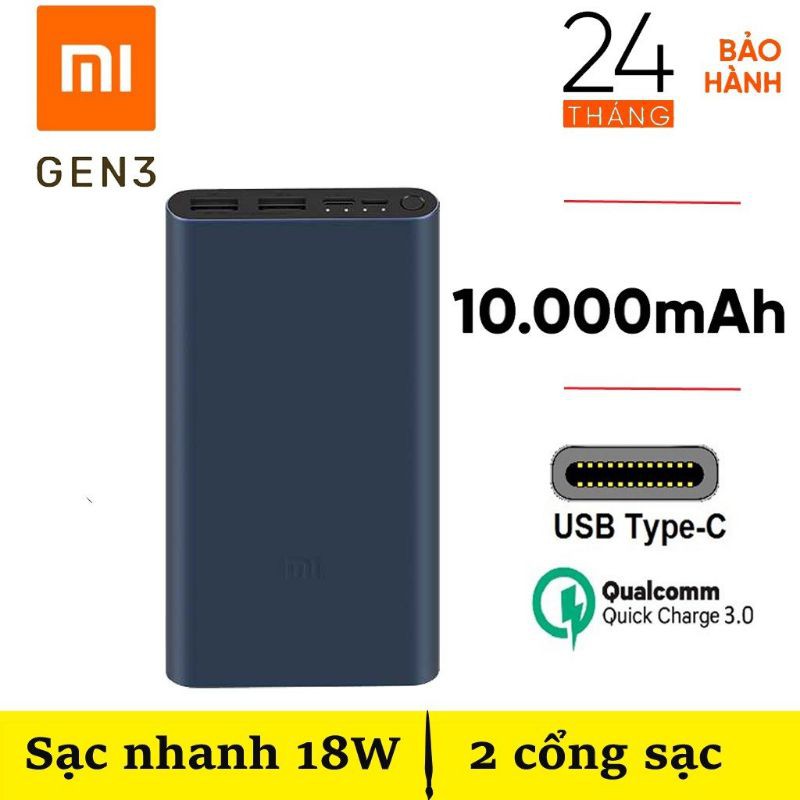 Sạc dự phòng Xiaomi Gen 3 (2 cổng + Chân Type C ) chuẩn 10.000 mAh Sạc Nhanh ( Hàng FULLBOX Bảo hành 12 tháng )