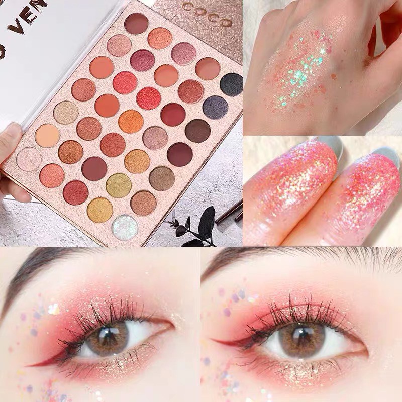 Phấn mắt 35 ô Dikalu Coco Venus nhũ kèm lì tone cam đào và nâu tây phù hợp phong cách makeup hàn quốc và tây